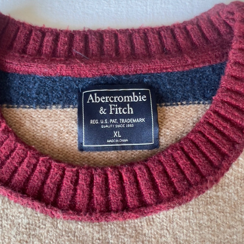 Abercrombie & Fitch Mens XL Heavyweight Striped Crewneck Sweater Navy Tan XL - Picture 3 of 11